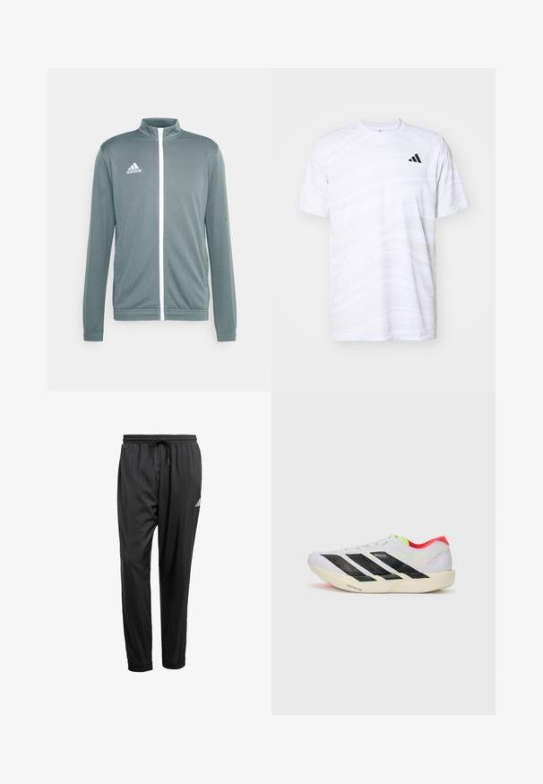 Graue Sportjacke mit hohem Kragen, weißem Reißverschluss und weißem Adidas-Logo auf der oberen linken Seite. Lange Ärmel mit elastischen Bündchen.; Weißes sportliches T-Shirt mit subtilen Wellenmustern, Rundhalsausschnitt, kurzen Ärmeln und einem schwarzen Dreistreifen-Logo auf der linken Brust.; Schwarze Sporthose mit elastischem Bund, Kordelzug, Bündchen an den Knöcheln und einem kleinen weißen Logo am rechten Oberschenkel.; Weißer Sportschuh mit schwarzen Streifen, neongrünen Akzenten und einer roten Ferse. Hat ein leichtes Design und eine strukturierte Sohle für besseren Grip.