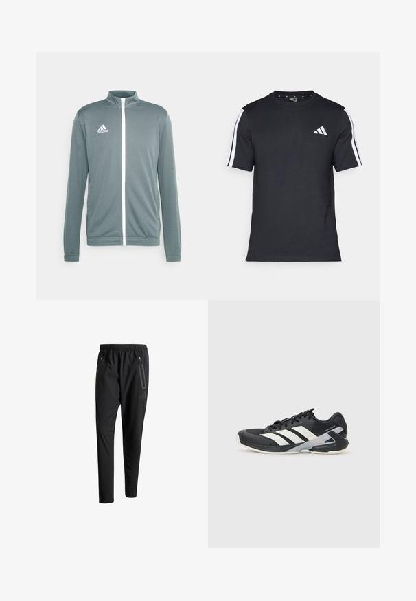 Pilkas sportinis džemperis su aukštu apykakle, balta užtrauktuku ir balta Adidas logotipu viršuje kairėje. Ilgos rankovės su elastingais manžetais.; Juodas medvilninis marškinėlis trumpomis rankovėmis, su baltais dryžiais ant pečių ir baltu logo kairiajame krūtinėje.; Juodi sportiniai šortai su elastiniu juosmeniu, dviem užtrauktukais šoniniais kišenėmis, siaurėjančiomis kojomis ir subtiliu logotipo detaliu ant klubo.; Juoda sportinė avalynė su baltais dryžiais, tinklinis viršus, apvalus pirštas ir paminkštinta padais. Yra tekstūruota kulno dalis ir saugi raištelių sistema.