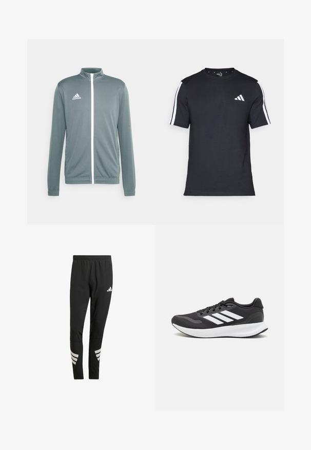 Siva atletska jakna s visokim ovratnikom, bijelim zatvaračem i bijelim Adidas logotipom na gornjoj lijevoj strani. Dugi rukavi s elastičnim manžetama.; Crna majica od pamuka s kratkim rukavima, koja ima bijele pruge na ramenima i bijeli logo na lijevoj strani prsiju.; Crne sportske hlače s elastičnim pojasom, s reflektirajućim bijelim akcentima u prugastom uzorku na donjim dijelovima nogavica. Izrađene od glatkog materijala.; Crne atletske tenisice s prozračnom mrežicom na gornjem dijelu, bijelim akcentima i mekanim potplatom. Imaju logo s tri pruge sa strane.