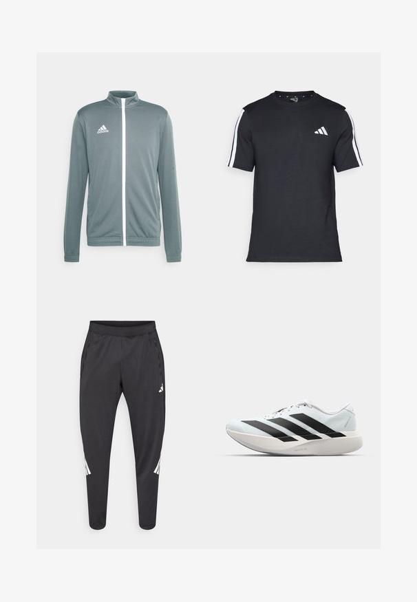 Grijze sportjack met een hoge kraag, witte rits en wit Adidas-logo op de bovenste linkerkant. Lange mouwen met elastische manchetten.; Zwarte T-shirt van katoen met korte mouwen, met witte strepen op de schouders en een wit logo op de linkerkant van de borst.; Zwarte sportbroek met taps toelopende pijpen, elastische tailleband, zijzakken en witte logo- en streepdetails. Gemaakt van een glad, licht materiaal.; Lichte hardloopschoenen in lichtblauw met zwarte strepen. Beschikt over een soepele bovenkant, ronde neusstuk en dikke witte tussenzool met het label "LIGHTSTRIKE PRO."