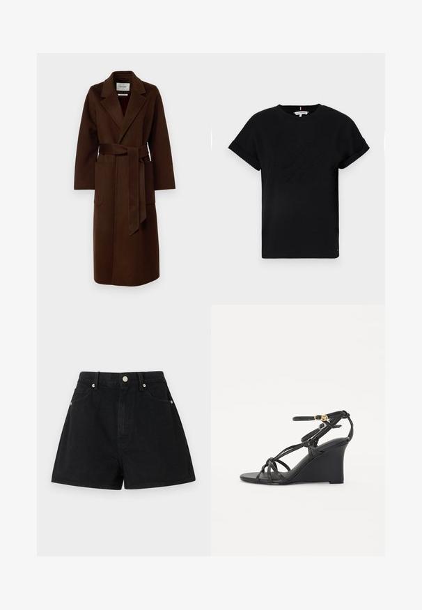 IVY OAK CELIA - Klasisks mētelis - chocolate; Melns kokvilnas T-krekls ar sarullētām īsām piedurknēm, centrā ir izcilināts logo un neliels karoga akcents sānos.; Melna džinsu šorti ar augstu jostasvietu, piecām kabatām, sudraba piederumiem un standarta piegriezumu, kurus raksturo gluda tekstūra un kvalitatīva apdare.; Melni klinveida sandales ar plānām, krustveida siksniņām un regulējamu potītes siksnu ar zelta sprādzi. Gluda ādas apdare.