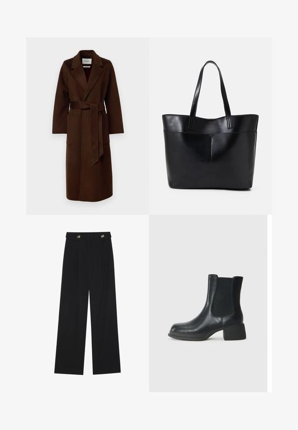 IVY OAK CELIA - Palton clasic - chocolate; Top negru cu mânecă lungă, cu mansete evazate, textură moale și croială lejeră, având un guler rotund simplu.; Pantaloni negri cu picioare largi, talie înaltă, detalii cu butoane pe talie și pliseuri în față.; Botină neagră din piele cu panouri elastice pe lateral, vârf rotund și toc jos în formă de bloc. Suprafața are o textură netedă și detalii minime.; Geantă oversized din piele neagră, cu două mânere lungi, de textură netedă și formă structurată. Are un buzunar frontal pentru stocare suplimentară.