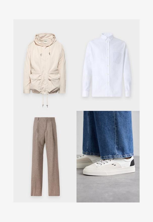 Svetlo bež jakna s kapuco, z vrvicami, z dvema sprednjima žepoma, dolgimi rokavi in z zadrgo. Gladka tekstura tkanine.; Bela dolgo rukava srajca s kragnico, izdelana iz bombaža, z žepom na prsih in toniranimi vezeninami ter gumbi na manšetah.; Rjave hlače z visokim pasom, izdelane iz teksturirane tkanine. Imajo široke noge in dve sprednji pregibi za strukturo. Urejen zaključek brez vidne strojne opreme.; Bela in črna športna obuvala z gladkim usnjenim zgornjim delom, teksturiranimi detajli in masivnim belim podplatom. Imajo klasičen dizajn z vezalkami.