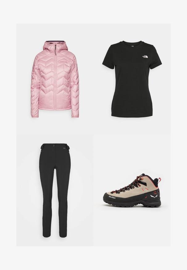 Peak Performance ELEVATE LINER HOOD - Outdoorová bunda - bitter root; Čierne bavlnené tričko s okrúhlym výstrihom a krátkymi rukávmi. Výrazné biele logo na hornej ľavej strane. Hladká štruktúra, pohodlný strih.; Čierne, priliehavé nohavice vyrobené z flexibilného materiálu. Medzi vlastnosti patrí zipsová bočná vrecko, tvarované kolená a hladký povrch.; Pánske turistické topánky s béžovým semišovým zvrškom, čiernou gumovou podrážkou, červenými akcentmi a viazaním pre bezpečné uchytenie.