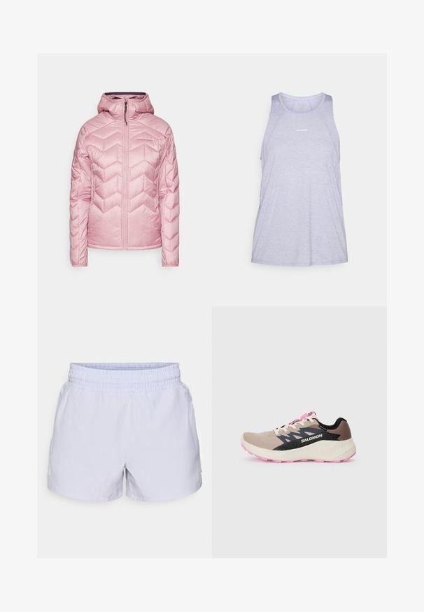 Peak Performance ELEVATE LINER HOOD - Õuejope - bitter root; Heled lilla sporttops, valmistatud hingavast kangast, ümaral kaelusel, ilma varrukateta ja minimaalne logo aktsent.; Kerged violetsete lühikeste pükste elastne vöökoht, mis on valmistatud siledast kangast. Küljel on väike logo detail. Kerge disain.; Beež ja roosa Salomoni jooksujalanõud musta logo ja disainielementidega, kreemja vaheplaadiga ja roosa välispõhjaga, vaadatuna külgvaates ühelgusal taustal.