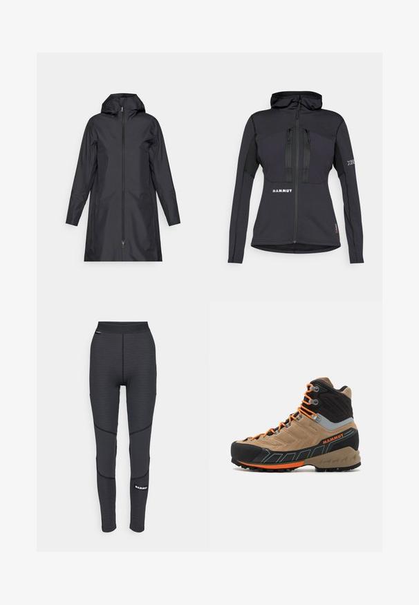 Zwarte waterdichte jas met een capuchon, volledige rits aan de voorkant, lange mouwen en een minimalistisch ontwerp. Gladde textuur, onopgesmukt oppervlak.; Zwarte sportieve jas met capuchon, voorzien van ritszakken en een gemêleerd paneel op de mouwen. Logo op de voorkant en op de mouw. Materiaal ontworpen voor flexibiliteit.; Zwart mouwloos shirt met een textuurpatroon, voorzien van een ronde halslijn en een "MAMMUT" logo op de voorkant. Gemaakt van ademend materiaal.; Zwarte sportleggings met textuurpanelen en verstevigde stiksels, voorzien van een merkelogo en een brede, elastische tailleband.; Beige en zwarte hoge wandelschoen met oranje veters, rubberen neusstuk, gestructureerde bovenkant en robuuste zool. Heeft versterkte enkelondersteuning.