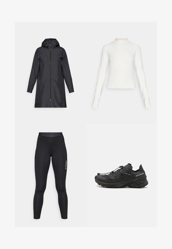 Svart vattentålig jacka med huva, hel dragkedja fram, långa ärmar och minimalistisk design. Slät textur, uutskuren yta.; Vit långärmad atletisk topp med ståkrage och liten centrerad logotyp på bröstet, visad mot en neutral bakgrund.; Svarta sportleggings med en åtsittande design, tillverkade av stretchmaterial. Har sidofickor och vit "TERREX"-logotyp.; Svarta traillöparskor med en texturerad ovandel, meshpaneler och ett säkert fästsystem. Har en robust sula för bra grepp.