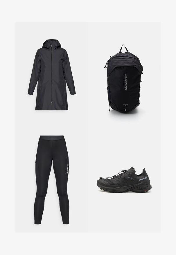 Sort vandtæt frakke med hætte, fuld frontlynlås, lange ærmer og minimalistisk design. Glat tekstur, udekoreret overflade.; Langærmet hvid sportstrøje med høj hals og lille centralt logo på brystet, vist på en ensfarvet baggrund.; Sorte atletiske leggings med en tætsiddende pasform, lavet af strækbart materiale. Har sidelommer og hvid "TERREX" branding.; Sorte trail løbesko med en tekstureret overdel, mesh-paneler og et sikkert lukkesystem. Har en robust ydersål for godt greb.; Sort rygsæk med et strømlinet design, tekstureret stof, justerbare stropper og et fremtrædende sølvfarvet "SALOMON" logo på fronten.