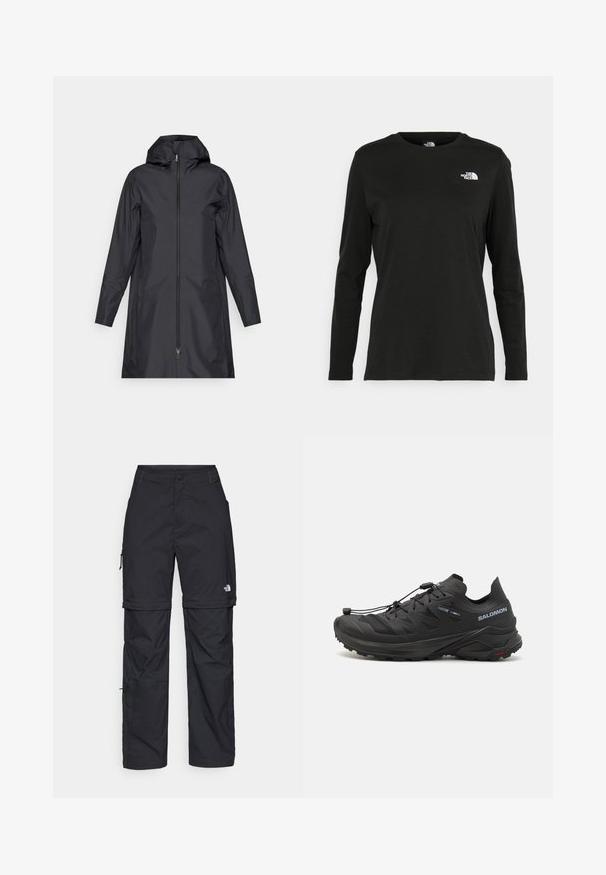 Must have veekindel must jope kapuutsiga, täispikk eesriie, pikad varrukad ja minimalistik disain. Sile tekstuur, lihtne pind.; Must mustahiheline T-särk, millel on pikad varrukad, valmistatud puuvillast ja ümarast kaelusest. Vasakul rinnal on väike valge logo. Lihtne disain ja sobivus.; Mustad nailonist valmistatud eemaldatavad cargo-püksid, reguleeritavate pahkluudega, mitmete taskutega ja paremal jalal logoga. Sile, kerge tekstuur.; Mustad mustarunnakingad tekstuuriga ülemise osa, võrkpaneelide ja kindla kinnitussüsteemiga. Omab robustset talda haardeks.