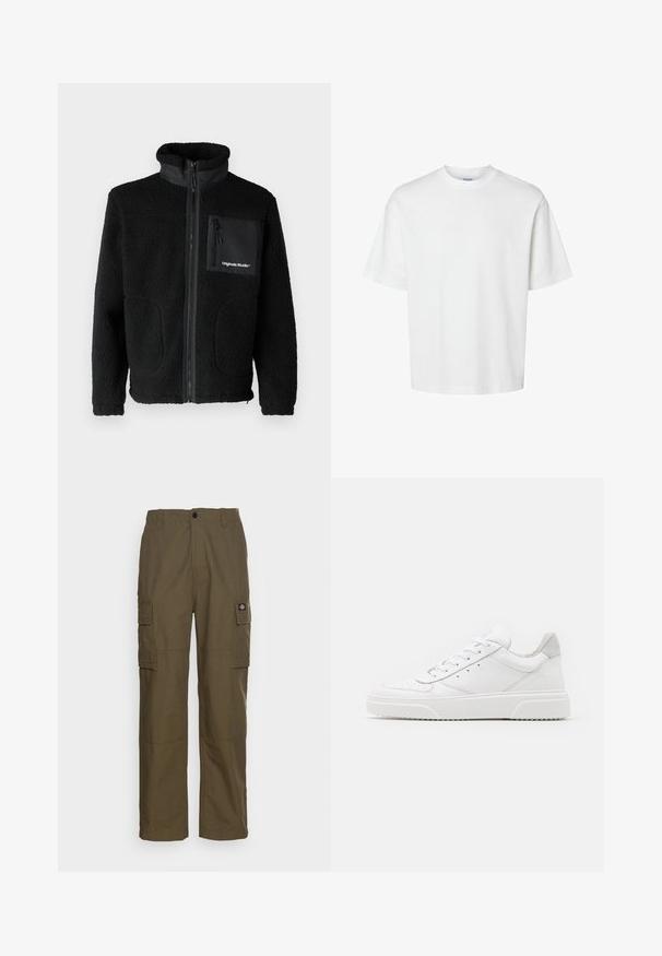Black fleece jacket with high collar, front zip, two side pockets, and a zippered chest pocket featuring a logo. Soft, textured fabric.; White cotton t-shirt with short sleeves, crew neckline, and a relaxed fit. Smooth texture with no visible patterns or accents.; Cargo pants in olive green, made of durable fabric. Features two side pockets, a standard waist, and a straight-leg design.; White leather sneakers with a smooth finish, rounded toe, flat laces, and a textured sole. Grey suede accent at the heel.