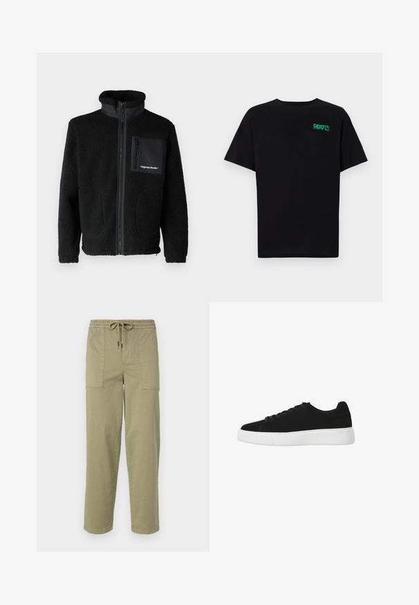 Sort fleecejakke med høj krave, frontlynlås, to sidelommer og en lynlåslomme på brystet med et logo. Blødt, tekstureret stof.; Sort t-shirt lavet af bomuld med korte ærmer. Har et grønt "ROOTS" logo på forsiden, rund halsudskæring og almindelig pasform.; Lys olivengrønne bukser lavet af en bomuldsblanding, med elastisk talje med snor og to store sidelommer.; Sorte ruskinds sneakers med rund tå, snørebånd foran og hvid gummisål. Enkel design med minimale detaljer og glat overflade.