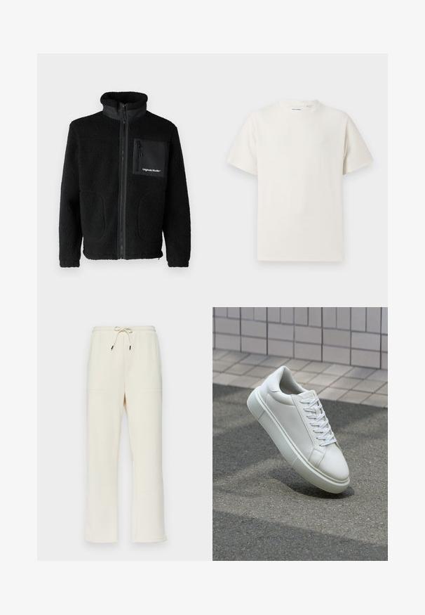 Black fleece jacket with high collar, front zip, two side pockets, and a zippered chest pocket featuring a logo. Soft, textured fabric.; White short-sleeve T-shirt in a ribbed texture. Round neckline, relaxed fit, no visible patterns or accents. Simple and versatile design.; Cream-colored ribbed sweatpants with a drawstring waistband, featuring two side pockets and a straight leg design.; White leather sneaker with a smooth surface, round toe, and flat white laces. Features a textured rubber sole and minimal design elements.