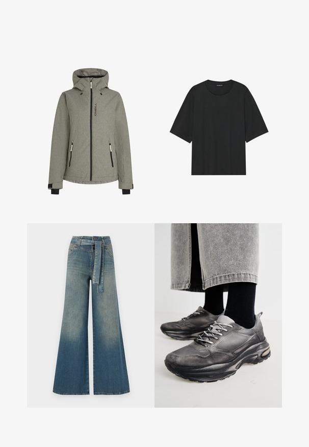 Gray weather jacket with a hood, featuring zippered front and pockets, contrasting black hardware, and textured fabric. Brand logo displayed.; Black short-sleeve t-shirt made of cotton. Features a round neck, relaxed fit, and clean hem with no visible patterns or hardware.; Wide-leg denim trousers featuring a light to dark blue gradient, high waist, belt loops, and a matching fabric belt. Textured denim finish.; Black and gray athletic shoes feature a mesh upper, thick soles, and laces. They have a rounded toe and visible cushioning detail.