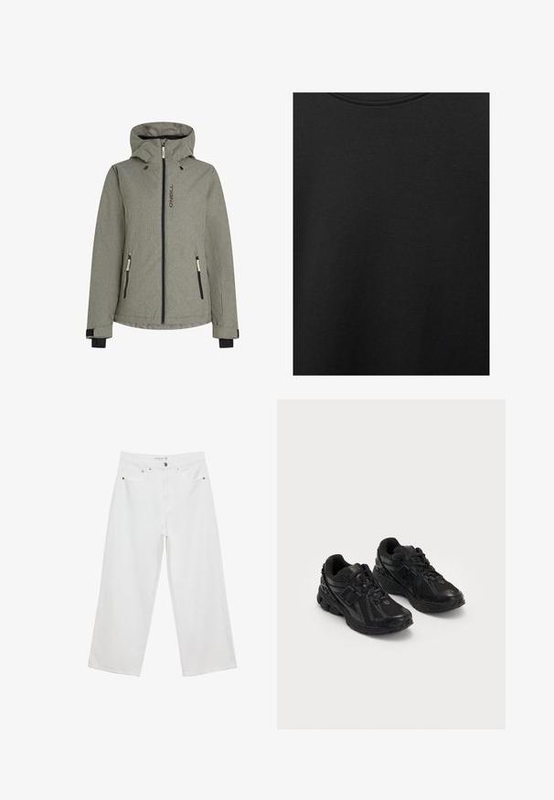 Grijze weerjas met een capuchon, voorzien van een ritssluiting aan de voorkant en zakken, contrasterende zwarte hardware en een gestructureerde stof. Merklogo weergegeven.; Zwarte katoen stof met een soepele textuur en een ronde halslijn, met een subtiele, gelijkmatige nerfpatroon. Geen zichtbare logo's of accenten.; Witte wijde jeans van denim met een hoge taille, voorzien van vijf zakken en metalen hardwareaccenten. Gladde textuur, geen zichtbare patronen.; Zwarte sportieve schoenen gemaakt van mesh en synthetische materialen. Beschikt over een gevoerde zool, textuurpatronen en reliëfbranding aan de zijkant.