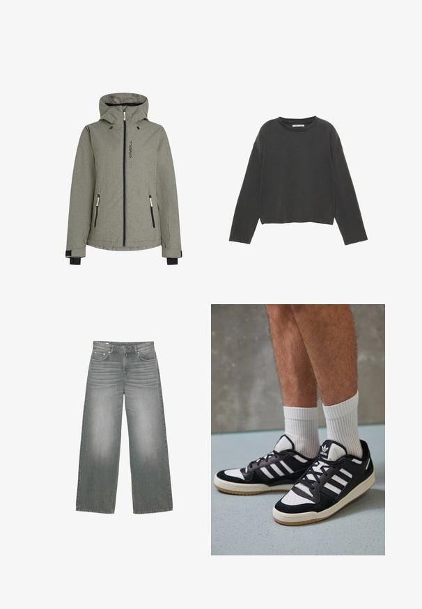 Grijze weerjas met een capuchon, voorzien van een ritssluiting aan de voorkant en zakken, contrasterende zwarte hardware en een gestructureerde stof. Merklogo weergegeven.; Zwarte korte cropped long-sleeve t-shirt in zachte katoenen stof. Heeft een ronde halslijn en zichtbare stiksels langs de naden.; Grijs denim jeans met brede pijpen, voorzien van een licht vervaagde textuur, vijf zakken en een klassieke knoop- en ritssluiting.; Zwart-witte sneakers met een bovenwerk van suede en leer, voorzien van drie witte strepen, een geperforeerde neus en een rubberen gumzool.