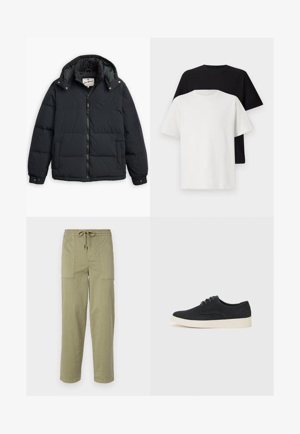 Crna puf jakna s odvojivom kapuljačom, prednjim patentnim zatvaračem, bočnim džepovima i elastičnim manžetama. Sadrži ušivene panele za izolaciju i toplinu.; Set pamučnih majica koji uključuje crnu i bijelu majicu, obje s kratkim rukavima, okruglim izrezom i klasičnim krojem. Tekstura tkanine.; Svijetlo maslinasto zelene hlače od mješavine pamuka, sa elastičnom strukom i vezicom, te dva velika bočna džepa.; Crne nubuk cipele s vezicama i okruglim nosom, lagana kremasta srednja podrška i suptilni plavi šavovi na gornjem dijelu.
