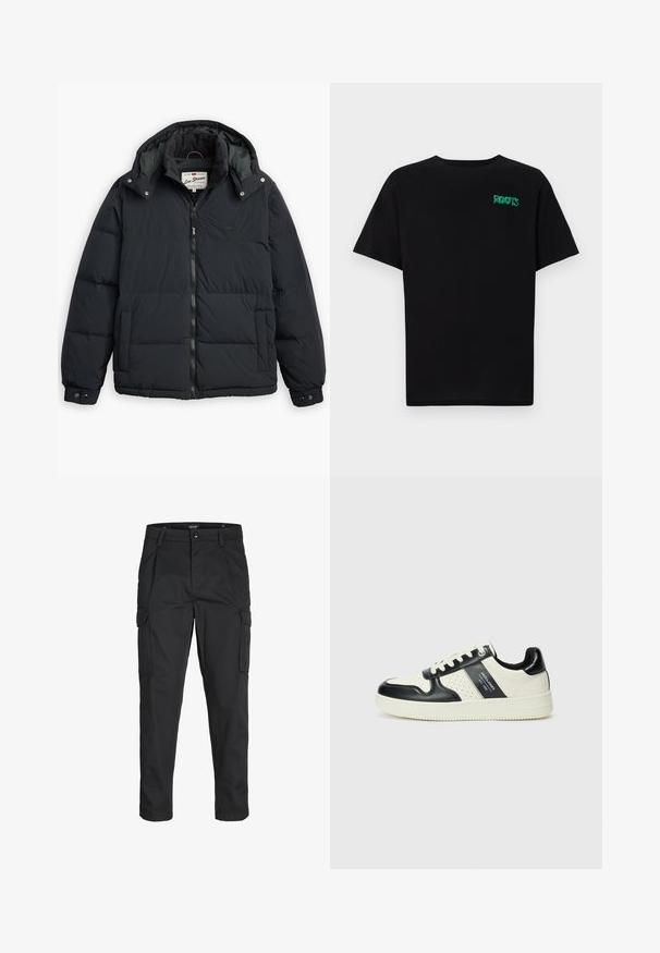 Melns pūkains mētelis ar noņemamu kapuci, rāvējslēdzēja priekšpusi, sānu kabatām un elastīgiem aprocēm. Iekļauj izšūtus paneļus siltumizolācijai un siltumam.; Melna kokvilnas t-kreka ar īsām piedurknēm. Uz priekšu ir zaļa "ROOTS" logo, apaļa kakla izgriezums un standarta piegriezums.; Melnas kravas bikses, izgatavotas no izturīga auduma, ar vairākiem kabatām, pogu aizdari un šaura piegriezuma dizainu ar sašaurinātiem kāju apakšiem.; Ādas sporta apavi ar melnbaltu krāsu shēmu, ar perforētiem akcentiem, mīkstinātu apkakli un teksturētu zoli.