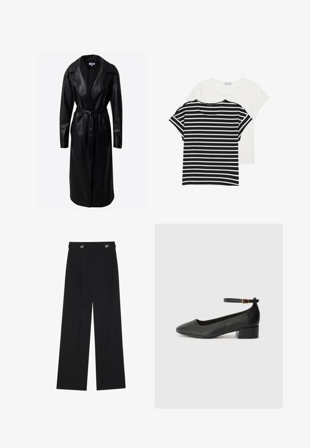 Black leather trench coat with long sleeves, wide lapels, a belted waist, and side pockets. Smooth texture with a polished finish.; Two t-shirts: one black and white striped with short sleeves, and one solid white, both featuring a rounded neckline and casual fit.; Black wide-leg trousers with high waist, button details on waistband, and front pleats.; Black leather pump with a pointed toe and a low block heel. Features an ankle strap with a gold-tone buckle. Smooth texture.