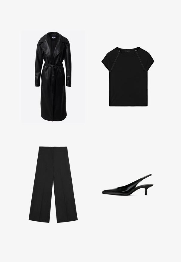 Sort læder trenchcoat med lange ærmer, brede revers, en bælte om livet og sidelommer. Glat tekstur med en poleret finish.; Sort kortærmet top med rund halsudskæring og kontrastfarvet hvid syning langs skuldre og sider. Blødt, glat stof.; Sorte bukser med vidde i benene og elastisk taljebånd. Fremstillet af let stof med en glat tekstur og rent, minimalistisk design.; Sorte spidse slingback sko med en blank læderfinish og en tynd, lav hæl. Har et udskæringsdesign på siden for åndbarhed.