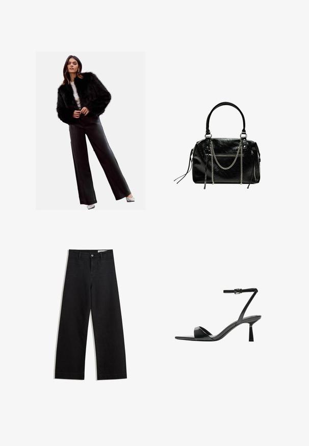 Svart som faux päls, kort jacka, ihop med hög midja svarta läderbyxor, silverklackar och en vit topp. Slät yta och stilren design.; Svart långärmad stickad tröja med vadderade axlar och ribbade muddar och fåll, visad mot en vit bakgrund.; Svarta vida denimbyxor med hög midja, med fram- och bakfickor, sydda sömmar och knappstängning. Slät textur.; Bershka Sandaletter - black; Bershka WITH CHAIN - Handväska - black