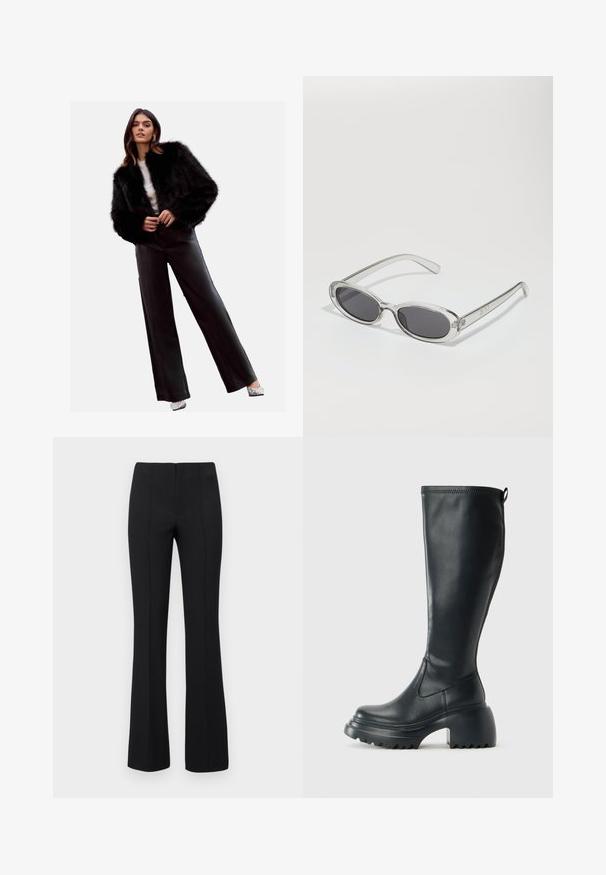 Melnā mākslīgā kažokādas īsā jaka, kombinēta ar augstajiem melnajiem ādas biksēm, sudraba kurpēm un baltu blūzi. Gluda tekstūra un elegants dizains.; Melna kokvilnas T-krekls ar īsām piedurknēm, kuram priekšā kreisajā pusē ir neliels rozā tauriņa grafiskais attēls. Ar apaļu kaklu un brīvā stila piegriezumu.; Melnas flared bikses ar ribotu tekstūru un pieguļošu vidukli. Dizainā ir vertikālas šuves, lai radītu plūdenu izskatu. Nav redzamu aprīkojumu.; Augstas melnas ādas zābakus ar masīvu platformu un bloka papēdi, ar vilkšanas cilpu un strukturētu profilu uz ārējā zoles.; Saulesbrilles ar ovālu formu, caurspīdīgu plastmasas rāmi, tumši pelēkiem stikliem un plāniem caurspīdīgiem kātiem, kas satur logotipa akcentus un minimālu noformējumu.