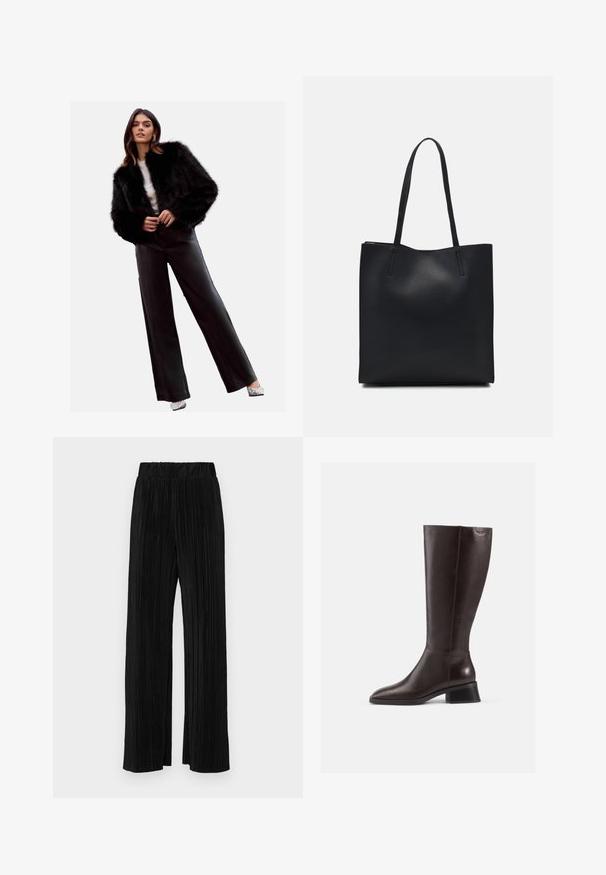 Jachetă scurtă din blană sintetică neagră, combinată cu pantaloni din piele neagră cu talie înaltă, tocuri argintii și o bluză albă. Textură netedă și design elegant.; Cămașă neagră cu mânecă lungă, realizată dintr-un material neted, având un guler rotund și o croială ajustată, fără modele sau accente vizibile.; Pantaloni negri plisati cu talie elastică. Prezintă picioare largi și un material neted, texturat, cu dungi verticale.; Botine din piele maro, până la genunchi, cu finisaj neted, vârf rotund și toc negru, stratificat. Design simplu, cu detalii hardware minime.; Geantă tote neagră din piele, cu textură netedă, formă rectangulară și două mânere lungi. Fără hardware vizibil sau ornamente.