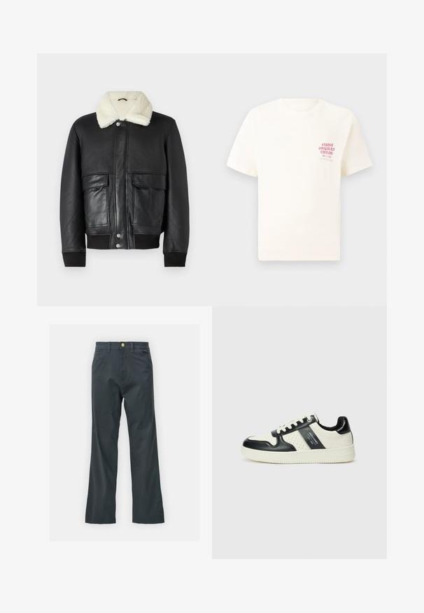 Black leather jacket with a cream shearling collar, featuring two front pockets and ribbed cuffs at the hem and sleeves.; White short-sleeve T-shirt with red text "Studio Originals Edition" on left chest, displayed on a neutral gray background.; Black pants with a straight leg cut, made from cotton blend fabric. Features a metal button closure and side pockets. No visible patterns.; Leather sneakers with a black and cream color scheme, featuring perforated accents, a padded collar, and a textured outsole.