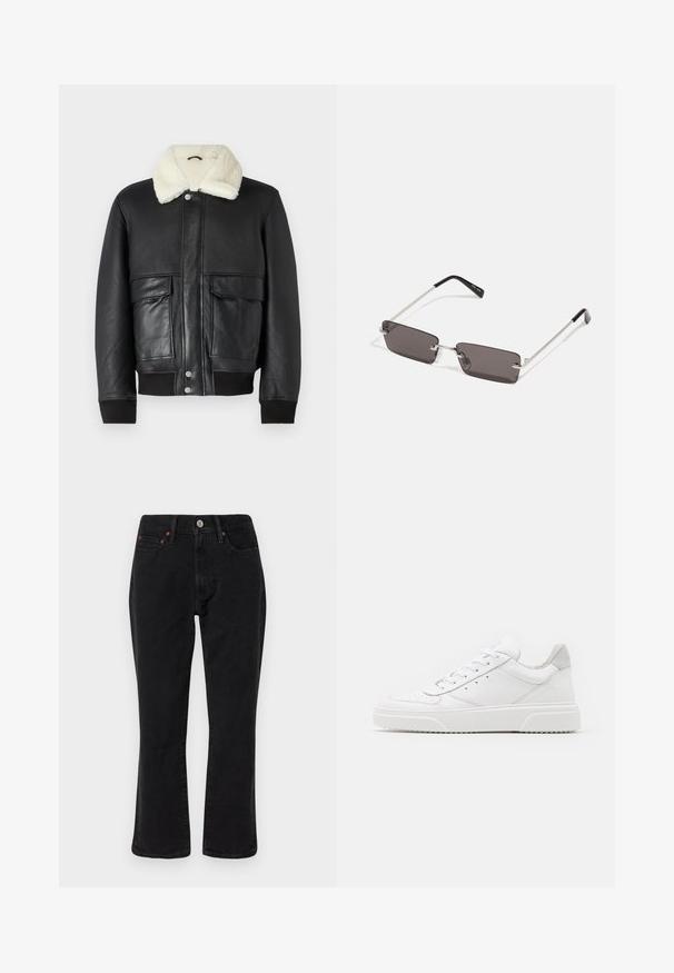 Black leather jacket with a cream shearling collar, featuring two front pockets and ribbed cuffs at the hem and sleeves.; White cotton t-shirt featuring short sleeves, crew neck, and a red graphic text "DELICIOUS REFRESHING FRUIT" on the front.; Black denim jeans featuring a straight leg design, five-pocket style, and metal hardware with copper accents. Smooth texture and medium rise.; White leather sneakers with a smooth finish, rounded toe, flat laces, and a textured sole. Grey suede accent at the heel.; Sunglasses with rectangular, dark grey lenses, silver metal frames, and black plastic tips on the arms. Lightweight design with nose pads.