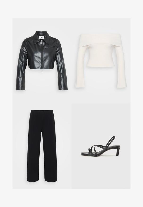 Crna skraćena kožna jakna s naoštrenim ovratnikom, prednjim zatvaranjem na patentni zatvarač, dugim rukavima i jednim džepom na prsima. Glatka tekstura.; Top s otkrivenim ramenima, rebrastog pletenja u bijeloj boji. Skraćeni dizajn s dugim rukavima koji se šire na zapešćima. Mekana tekstura, minimalne detalje.; Crne široke hlače s elastičnim pojasom. Napravljene od teksturiranog materijala, s prostranim krojem i ravnim rezom od bokova do donjeg ruba.; Crne sandale s trakama, kvadratnim prstom i niskom blok petom. Ima više tankih trakica i podesivu trakicu oko gležnja. Izrađene su od glatke kože.