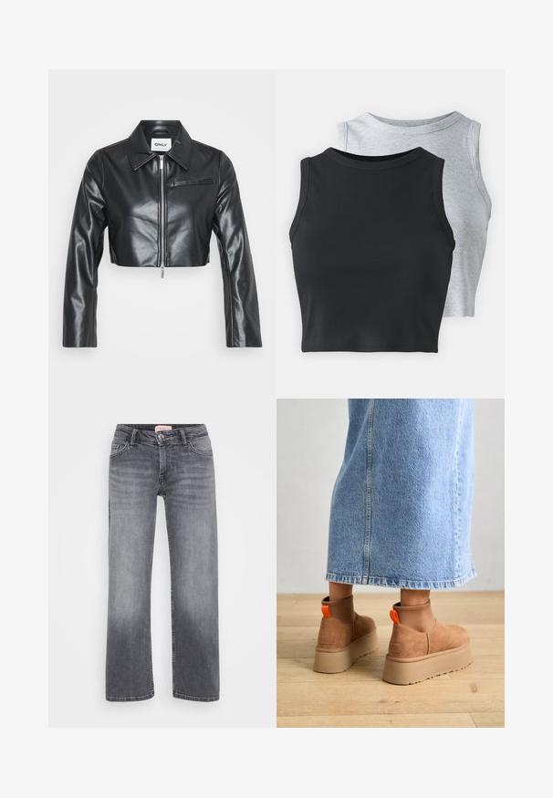 Črna skrajšana usnjena jakna s koničastim ovratnikom, zadrgo spredaj, dolgimi rokavi in eno žepom na prsih. Gladka tekstura.; Even&Odd Petite 2 PACK - Top - light grey/black; Sivi traper hlače s ravnim krojem, pet žepov, rahlo zbledelo in z gumbom za zapiranje pri pasu.; Rjave suede platform čizme z elastičnimi stranskimi paneli in oranžnimi zankami, v kombinaciji s svetlobno denim krilom do kolen na lesenem tleh.