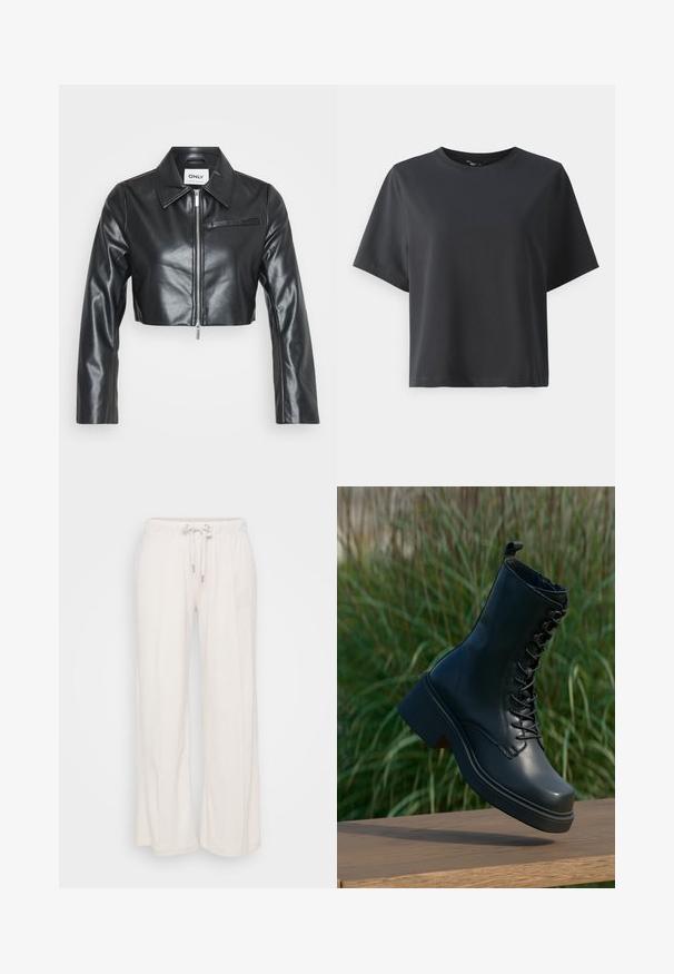 Fekete cropped bőrkabát hegyes gallérral, cipzáras elülső záródással, hosszú ujjakkal és egyetlen mellzsebbel. Simaszövet.; Fekete pamut póló, rövid ujjú, kerek nyakkivágású, laza szabású, sima textúrájú, egyszerű design, minta vagy kiegészítők nélkül.; Világos bézs, bőszárú nadrág, rugalmas derékkal és zsinórral. Puha anyagból készült, elöl függőleges varrásokkal.; Fekete bőrből készült bokacsizma, kerek orral, fűzős elejével és vastag, tömzsi sarkával. Jellemzője a részletes varrás és a sima felület.