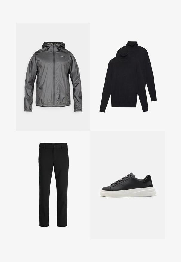 Giacca leggera con cappuccio di colore grigio metallico, dotata di zip frontale e polsini elasticizzati. Presenta un piccolo logo riflettente sulla parte superiore del petto.; Due maglioni a collo alto neri a maniche lunghe, lavorati a maglia semplice, impilati con uno leggermente dietro l'altro su uno sfondo bianco.; Pantaloni neri realizzati in un tessuto elegante, con un design classico, taglio dritto, chiusura frontale con bottone e tasche laterali.; Sneaker in pelle nera con suola in gomma bianca, dotato di lacci piatti e occhielli brandizzati. Texture morbida con un accento laterale a contrasto.