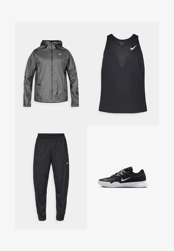 Leichte, kapuzenjacke in metallicgrau mit einem Frontreißverschluss und elastischen Bündchen. Mit einem kleinen reflektierenden Logo auf der oberen Brust.; Schwarzes sportliches Tanktop mit perforierter Textur und rundem Ausschnitt. Mit einem weißen Nike-Logo auf der Brust.; Schwarze Sporthose mit elastischem Bund, schmal zulaufenden Beinen und kleinem weißen Nike-Logo auf dem linken Oberschenkel. Glattes Material, ohne Muster.; Schwarzer Sportschuh mit strukturiertem Obermaterial, weißem Nike-Warenzeichen und einer weißen Gummisohle. Verfügt über ein Schnürdesign und eine dynamische Form.