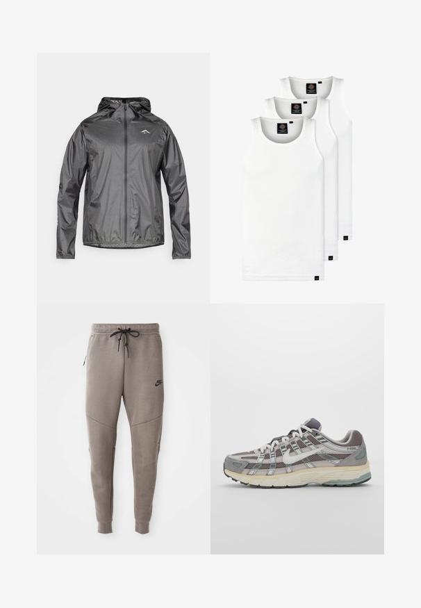 Lichte, hooded jas in metallic grijs met een ritssluiting aan de voorkant en elastische boorden. Bevat een klein reflecterend logo op de bovenborst.; Drie witte geribde tanktops van katoen. Kenmerken zijn een ronde hals en kleine zwarte labels nabij de zoom. Verkrijgbaar in meerdere maten.; Grijze Nike-sweatpants met een verstelbare tailleband, taps toelopende benen, zijzakken en opvallende naaddetails. Zachte, gestructureerde stof.; Grijze sportieve schoen met een bovenwerk van mesh en suede, witte accenten, een gevoerde zool en een onderscheidend ontwerp met reflecterende elementen.