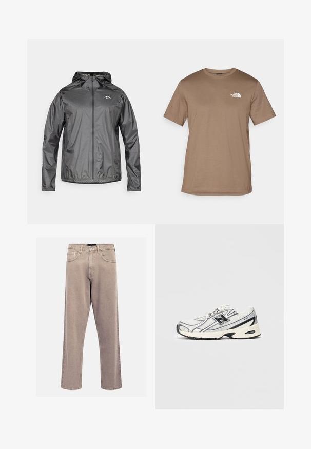 Lichte, hooded jas in metallic grijs met een ritssluiting aan de voorkant en elastische boorden. Bevat een klein reflecterend logo op de bovenborst.; Bruine korte mouw T-shirt van katoen met een ribbelboord aan de ronde hals. Voorzien van een klein wit logo op de linkerborst.; Beige straight-leg jeans van denim, met een klassiek vijf-pocket ontwerp, gestikte accenten en een nette zoomafwerking.; Witte en grijze sport sneaker met zwart "N" logo, mesh bovenwerk, gevoerde zool en vetersluiting, weergegeven op een effen lichtgrijze achtergrond.
