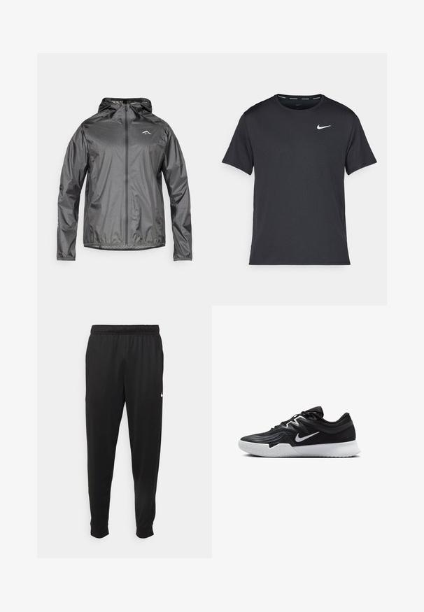 Lightweight, hooded jacket in metallic gray with a front zipper and elastic cuffs. Features a small reflective logo on the upper chest.; Black Nike running T-shirt made of lightweight, breathable material, featuring short sleeves and a small white logo on the chest.; Black athletic pants made of smooth fabric, featuring an elastic waistband, tapered legs, and a small white logo on the left side.; Black athletic shoe with a textured upper, white Nike swoosh, and a white rubber outsole. Features a lace-up design and dynamic shape.