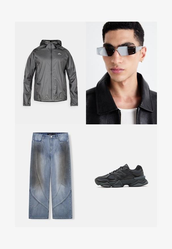 Kevyt, huppari, metallinharmaa, edestä vetoketjullinen ja elastisilla hihansuilla. Varustettu pienellä heijastavalla logolla rinta-alueen yläosassa.; Lyhythihainen musta t-paita puuvillasta, jossa on pyöreä kaula-aukko ja rento mitoitus. Sileä pinta, jossa on vain vähän ommel yksityiskohtia.; Vaaleansiniset denim-housut, leveälahkeiset, joissa ainutlaatuinen kulmikas muotoilu, haalistuneet efektit ja kontrastiset ompelut. Viiden taskun malli.; Musta juoksukenkä, jossa on yhdistelmä verkko- ja synteettisiä materiaaleja, paksu pohja, kaareva muotoilu ja näkyvä brändäys sivussa.; Kuluneet harmaan sävyiset aurinkolasit, joissa on hopeiset yksityiskohdat, vaaleaa taustaa vasten. Linssit ovat ainutlaatuisen geometrisen muotoiset.