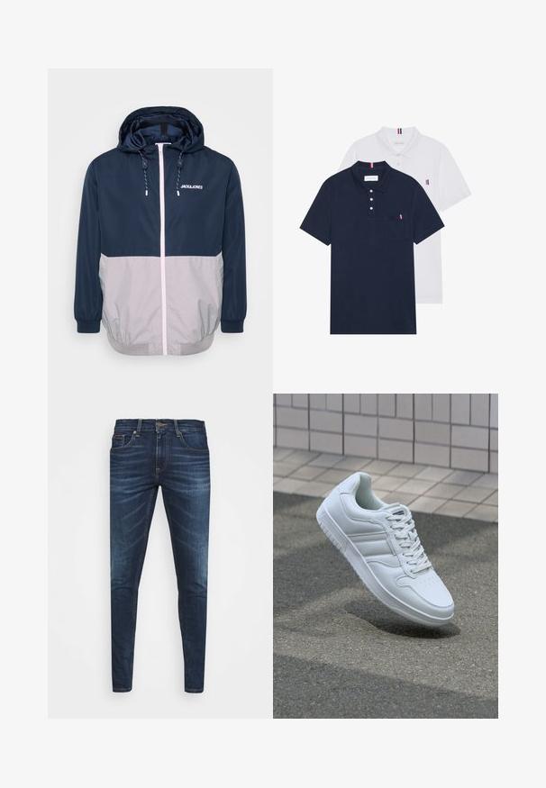 Námornícka a šedá vetrovka s kapucňou, predným zipsom, elastickými manžetami a detailmi so šnúrkou. Na hrudi je logo. Hladká textura.; Dvoje polo tričiek: jedno námornícky modré a jedno biele, obidve s malým červeným, bielym a modrým akcentom na vrecku a golieri.; Tmavomodré džíny s úzkym strihom, jemným opotrebovaním, piatimi vreckami a kovovým zapínaním. Šité akcenty v kontrastnej farbe.; Biele atletické tenisky s hladkým koženým zvrškom, šnurovaním vpredu, perforovanou špičkou a vzorovanou podrážkou. Minimalistický dizajn s tromi bočnými pruhmi.