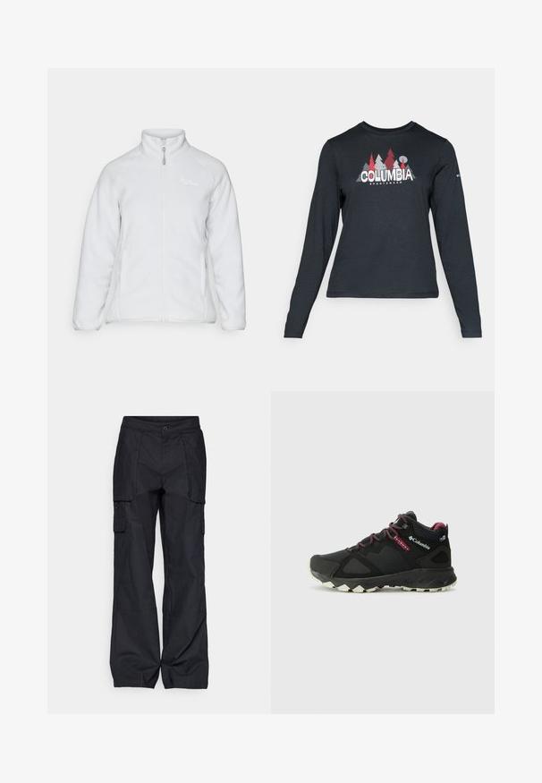 Bela flis jakna z visokim ovratnikom, sprednjim zadrgo in dvema stranskima žepegma. Ima gladko teksturo in preprost dizajn z diskretnim logotipom.; Majica z dolgimi rokavi temno siva z grafiko rdečih dreves in gora; logotip "COLUMBIA" v krepki beli barvi. Mehka tkanina, standarden krojen ovratnik.; Columbia BREA FALLS™ COTTON RIPSTOP PANT - Hlače za na prostem - black; Columbia PEAKFREAK HERA MID - Pohodniški čevlji - black/deep madeira