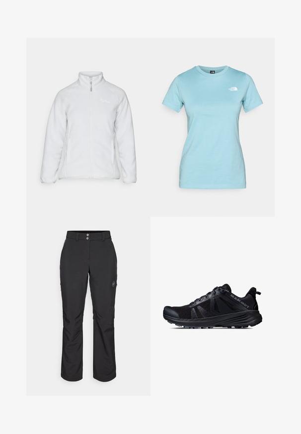 Hvit fleecejakke med høy krage, frontglidelås og to sidelommer. Har en glatt tekstur og enkelt design med subtil merkevare.; Lyseblå bomull t-skjorte med korte ermer og rund hals; har en liten hvit logo på øvre venstre brystområde.; Svart utebukser med rett snitt, med knappelukking, glidelåslommer på siden, og et logomerket på venstre lår.; Svart terrengløpesko med mesh-overdel og gummisåle. Har teksturerte overlegg, forsterket tåhette og merkevarelogo på hælen.