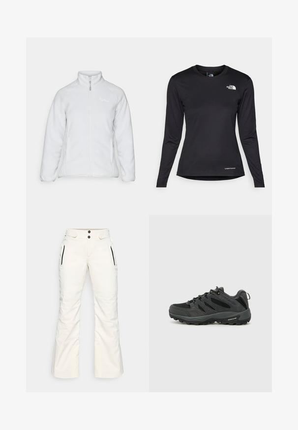 Casaco de lã branca com gola alta, fecho frontal e dois bolsos laterais. Apresenta uma textura suave e um design simples com uma marcação discreta.; The North Face SHADOW LONG SLEEVE - Camisola de manga comprida - black; Calças de esqui brancas com uma textura lisa, apresentando dois bolsos laterais com zíper, dois botões na cintura e um design de perna ligeiramente larga.; Columbia REDMOND - Sapatos de caminhada - black/citron haze
