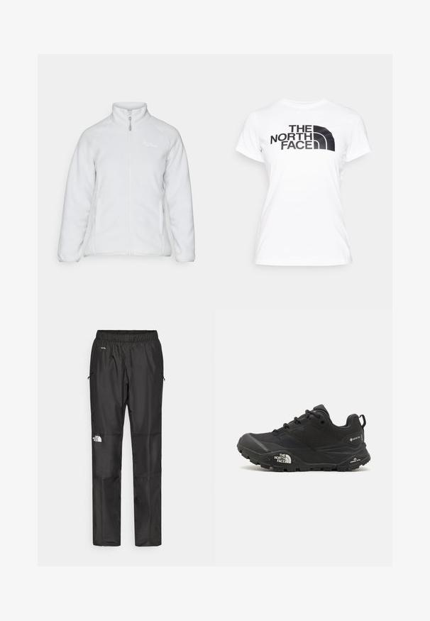 Fehér bolyhos dzseki magas gallérral, elülső cipzárral és két oldalsó zsebbel. Simaság jellemzi és egyszerű dizájnja van diszkrét logózással.; Fehér pamut póló, amelyen elöl egy fekete grafikás "THE NORTH FACE" logó található. Rövid ujjú és kerek nyakú.; Fekete vízálló nadrág könnyű anyagból, rugalmas derékkal, oldalsó zsebekkel és logóval a bal lábon.; Fekete túrázó cipő texturált felsőrésszel, fűzős záródással és vastag gumitalppal, mely oldalán egy kiemelkedő logó és mintázott talpkialakítás található.