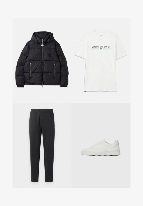 Crna puf jakna s kapuljačom, s kvadratnom teksturom, zatvaračem sprijeda, dva bočna džepa i malim logom na prsima.; Bijela pamučna majica s kratkim rukavima, s plavim i zelenim logotipom "ARMANI EXCHANGE" i "1991" centriranim ispod.; Crne trenirke izrađene od mekanog materijala, sa elastičnom trakastom, ravnim nogavicama i jednim malim logom sa strane.; Bijele kožne tenisice s glatkom površinom, okruglim vrhom, ravnim vezicama i teksturiranom potplatom. Imaju suptilan logo na peti.