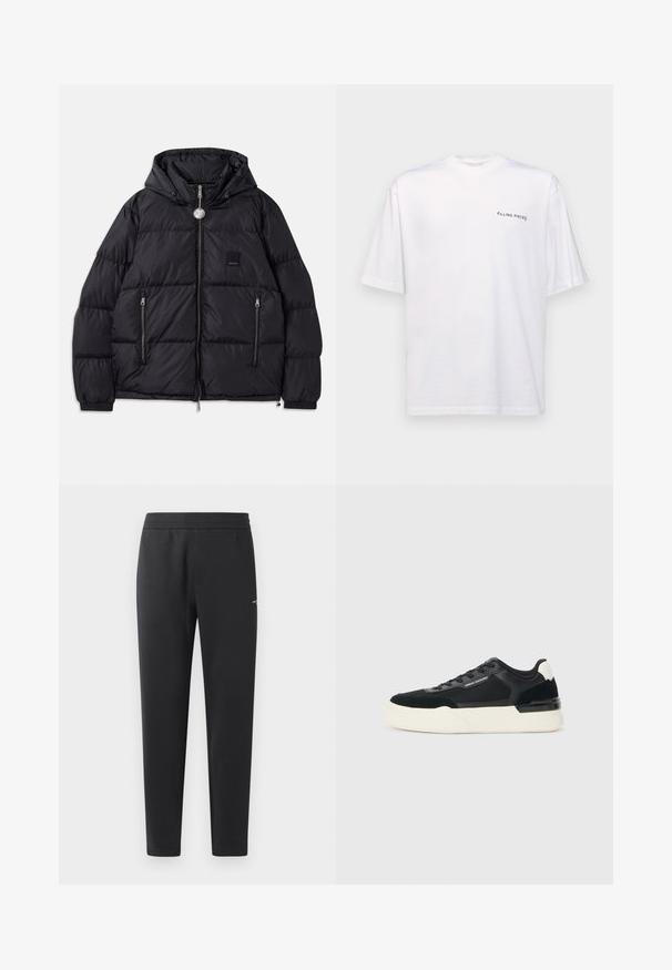 Mustard puffer jope kapuutsiga, millel on tikanditunne, tõmbluku eesosa, kaks küljetaskut ja väike logo märk rinnal.; Valge lühikeste varrukatega T-särk puuvillast, V-kaelusega, millel on must "FILLING PIECES" logo trükitud vasakule poole.; Mustad jogger pants pehmest kangast, millel on elastne vöökoht, sirged sääred ja üks väike logodetail küljel.; Must musta, mis on valmistatud võrkmaterjalist ja nahast, pakub paksu valget tallat ja kontrastseid aktsente. Paelad ja logo detail külje peal.