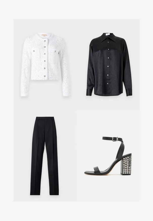 Valge kardigan pikkade varrukatega, ümmargune kaelus, tekstuuriga kangas, hõbedased sädeleveed, keskel nupulukuga ja kaks rinna taskut hõbedaste nuppudega.; Musta pikemate varrukatega särk, millel on krae ja kortsus tekstuur, täispikk nööpidega eesmine osa ja varrukate mansetid. Valmistatud siledast kangast.; Mustad püksid siledast kangast, millel on kõrge vöökoht, laiad jalad, esimesed kortsud ja klassikalised vööloopid. Küljepockets pole nähtavad.; Mustad nahast kõrged sandaalid pahkluu rihmaga. Omavad ruudukujulist varbaosa, siledat tekstuuri ja ruudukujulist plokknõela, mis on kaunistatud hõbedaste nööpidega.