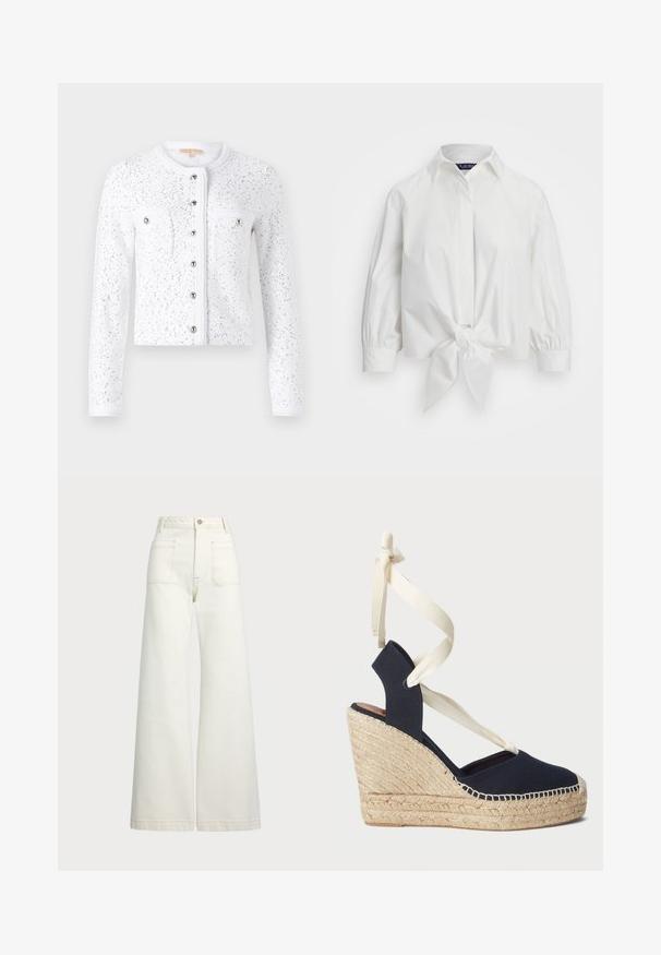 Fehér kardigán hosszú ujjal, kerek nyakkivágással, textúrált anyagból, ezüst flitterekkel, középső gombos záródással és két mellzsebbel, ezüst gombokkal.; Fehér, rövidített ing elülső kötő elemmel, hosszú puffos ujjakkal és klasszikus gallérral. Simább szövet, struktúrált kialakítással.; Széles szárú farmernadrág off-white denim anyagból. Magas derekú dizájn, gombos záródással, két elülső zsebbel és kontrasztos varrási részletekkel.; Tengerészkék vászon wedge szandál espadrille kötésű talppal és krém színű szalagos megkötővel a bokán. Zárt sarokkal és kerek orral rendelkezik.