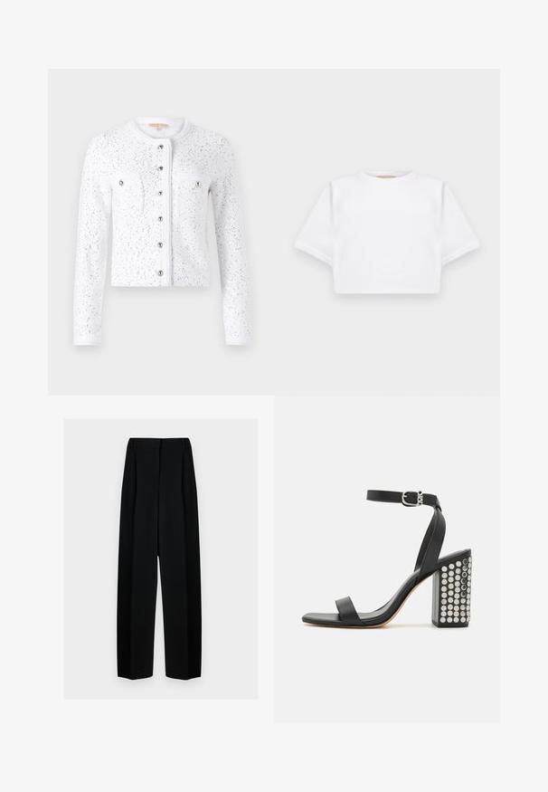 Cardigan blanc à manches longues, col rond, en tissu texturé, avec des sequins argentés, fermeture centrale par bouton, et deux poches poitrine avec des boutons argentés.; T-shirt blanc court en tissu doux, avec des manches courtes, un col rond et des détails en côtes sur l'ourlet. Design simple et sans embellissement.; Pantalons noirs à jambes larges avec une taille haute, présentant des plis et une texture lisse. Le tissu semble léger et tombe élégamment.; Sandales à talons noires en cuir avec une bride de cheville. Dotées d'un bout carré, d'une texture lisse et d'un talon carré orné de clous en argent.