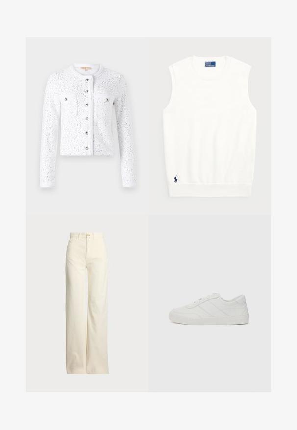 White cardigan with long sleeves, round neckline, textured fabric, silver sequins, central button closure, and two chest pockets with silver buttons.; White sleeveless sweater made of smooth cotton, featuring a ribbed hem and a small navy logo on the bottom left. Simple design, no patterns.; Polo Ralph Lauren COTTON CORDUROY WIDE-LEG PANT - Trousers - warm white; White leather sneaker with flat laces, rounded toe, and subtle stitching details. Features a textured sole and embossed brand logo on heel.