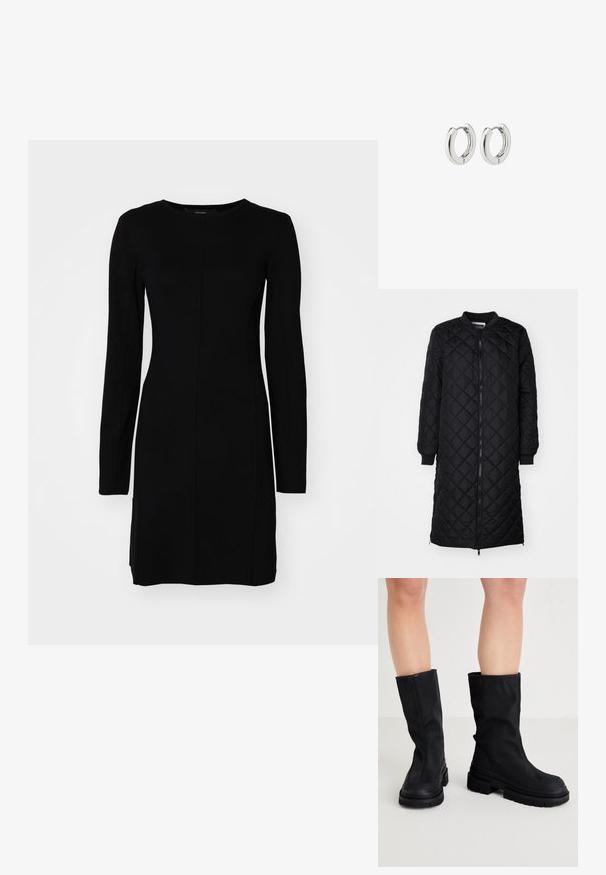 Juodas siūtais raštais ilgas paltas su užtrauktuku, deimantų raštu, nertomis rankovėmis ir apvaliu iškirpimu. Lygus paviršius ir prigludusi siluetas.; Juoda ilgomis rankovėmis suknelė, pagaminta iš glotnių audinių. Yra prigludusi siluetas, apvalus iškirpimas ir centrinė siūlė.; Juodos iki kelių siekiančios aulinės suknelės pagamintos iš glotnaus tekstilės medžiagos su storu guminiu padu, turinčios minimalistinį dizainą ir subtilius siuvinėjimo akcentus.; Sidabriniai auskarai su poliruotu paviršiumi, turintys apvalią dizaino formą ir be siūlių vyriukus, rodantys lygų paviršių.