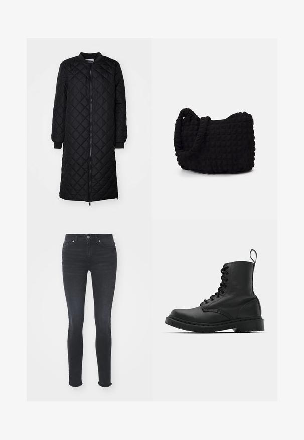 Svart kviltad lång kappa med dragkedjestängning, diamantmönster, ribbade ärmslut och rund hals. Slät textur och figurnära silhuett.; Svart långärmad bodysuit med hög hals, med heltäckande tyg på torso och genomskinliga meshärmar, designad i en figurnära form.; Svarta denim skinny jeans med normal midja, fem fickor och fransad fåll. Tyget har en jämn textur med lätt stretch.; Svart läderkampsko med rund tå, snörning fram och dragflik vid vristen. Har en tjock gummisula för hållbarhet.; Svart tygväska med en strukturerad, vadderad yta. Rund form, korta, tjocka handtag och en mjuk, flexibel struktur.; Silverfärgade hoopörhängen med en slät, polerad yta. Rund form och säker klickstängning. Lättviktig design som passar för vardagligt bruk.